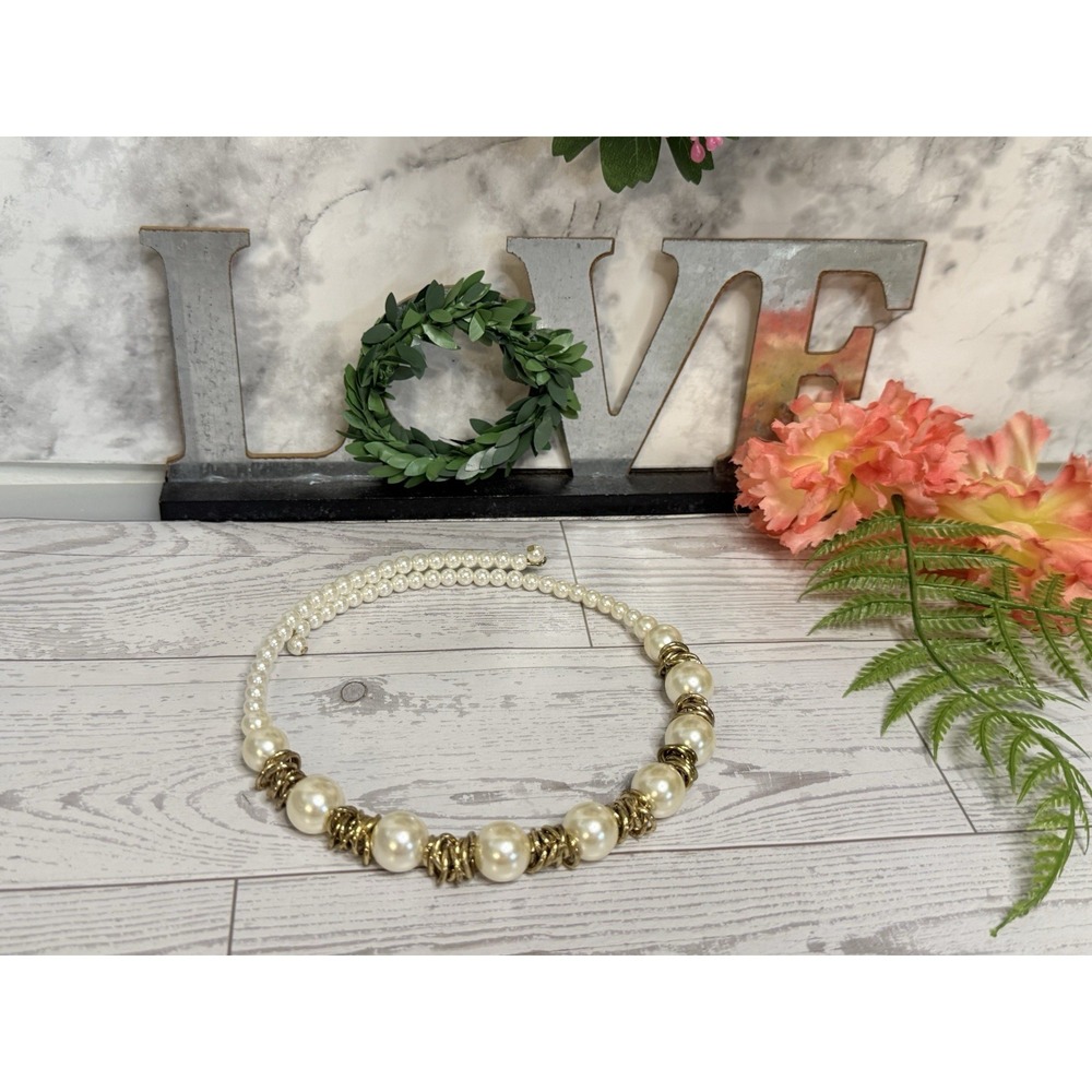 Faux Pearl Choker Necklace Bridal‎ Head Piece Antique Gold Tone Vintage One Size - Picture 6 of 16